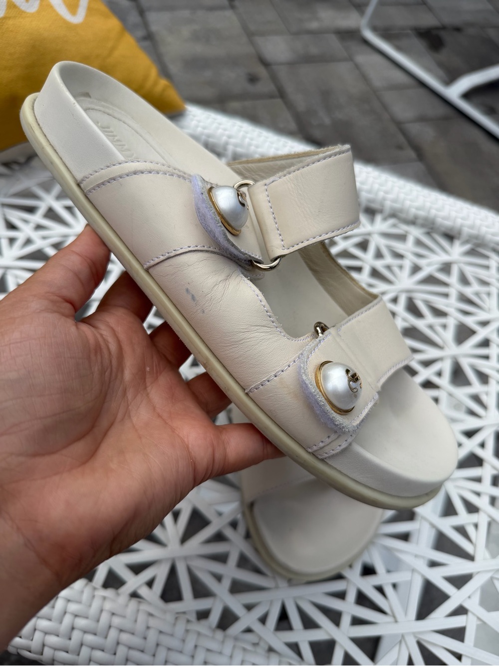Jimmy Choo Ivory Leather Slide Sandals with Gold-Tone Hardware - Picture 2 of 8